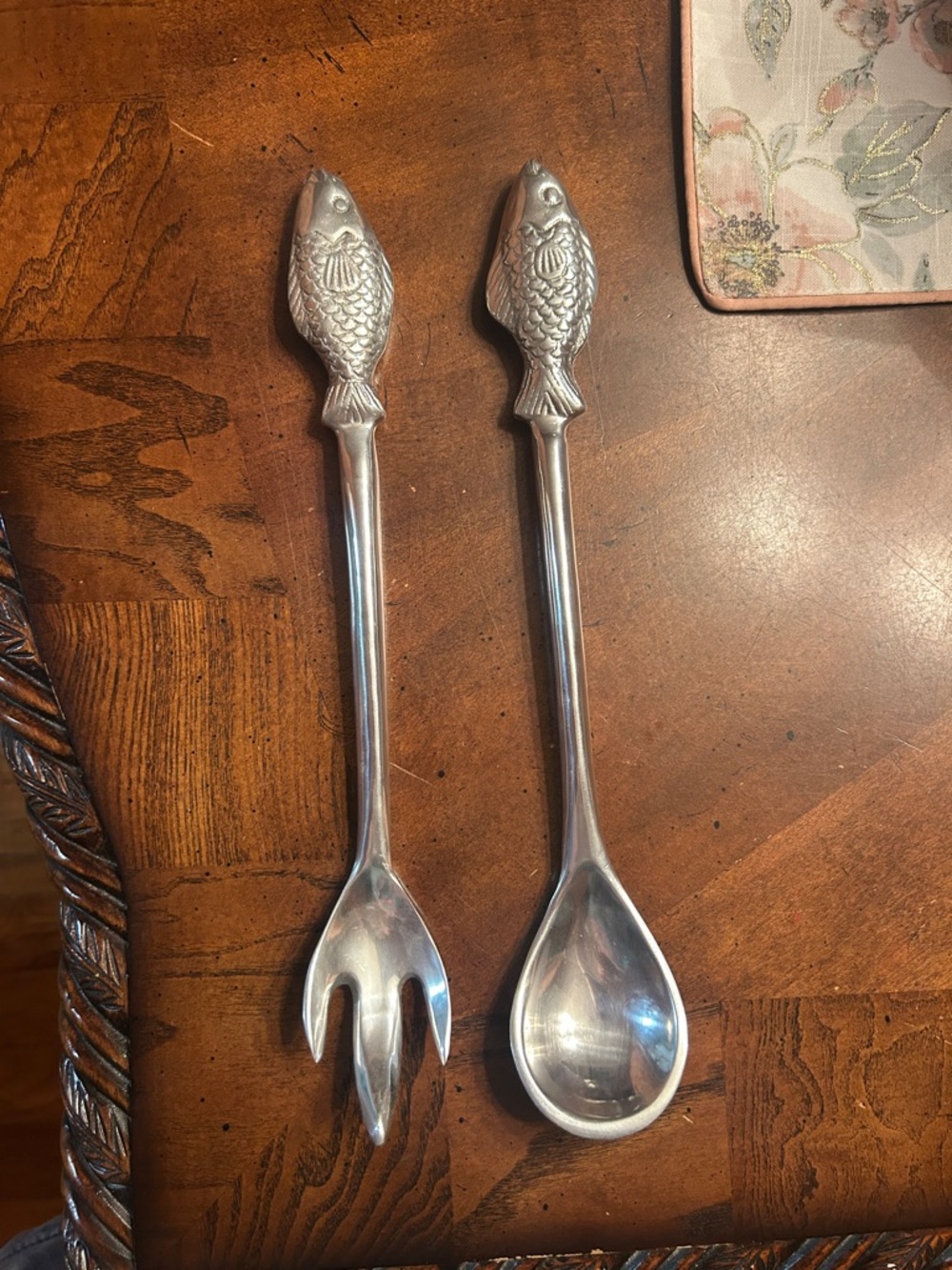 Silver Fish-Handled Serving Spoon and Fork Set